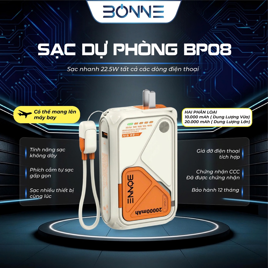 [Độc Quyền Live] Củ Sạc Nhanh BP08 Chính Hãng BONNE TECH , Hỗ Trợ Sạc Không Dây,Củ Sạc có chứng nhận CCC,BH 12 Tháng | BigBuy360 - bigbuy360.vn