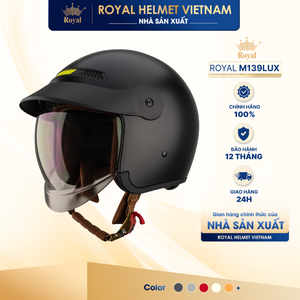 [NHÀ SẢN XUẤT] [ĐEN MỜ] Mũ Bảo Hiểm 3/4 Royal M139 LUXURY Trơn Kính Âm Chính Hãng, Chống Chói, Chống