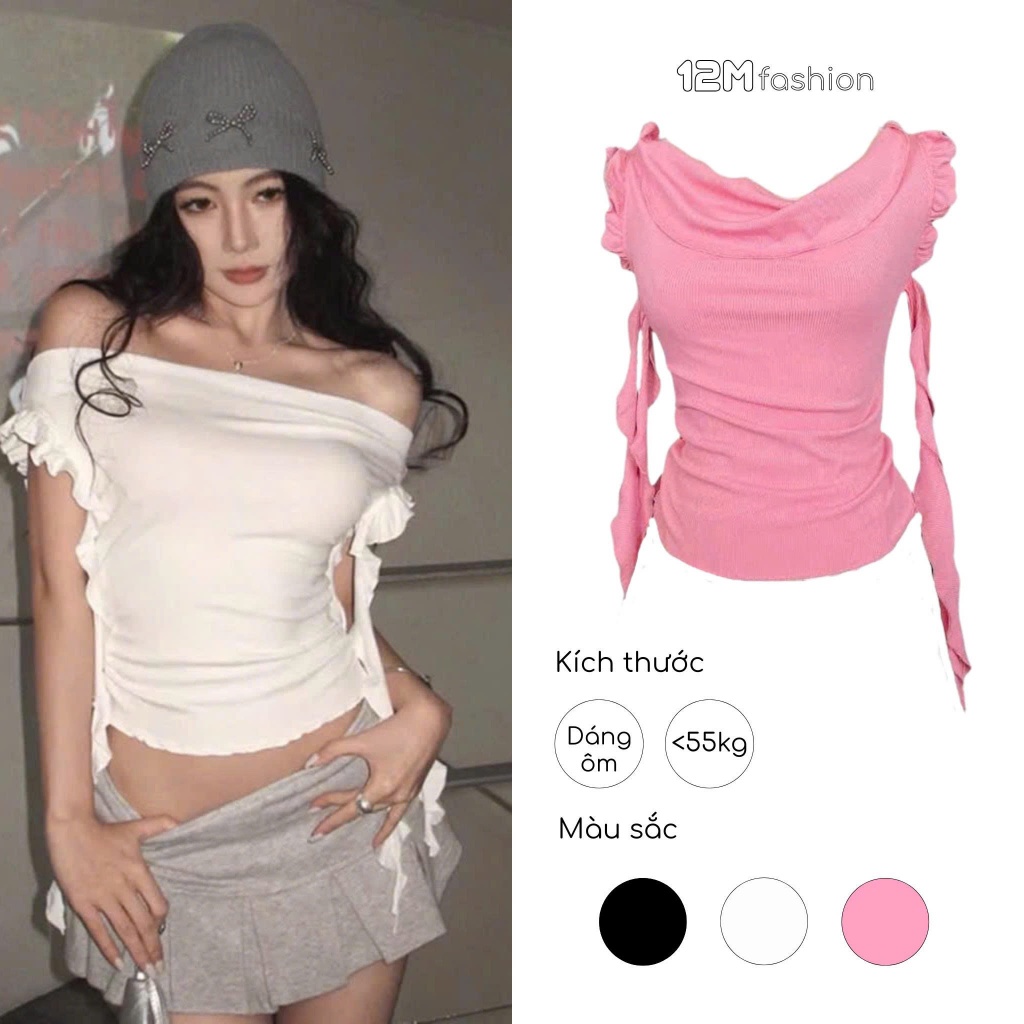 Áo kiểu lệch vai thiết kế tua rua tay bèo dáng ôm dễ thương _ 12M fashion