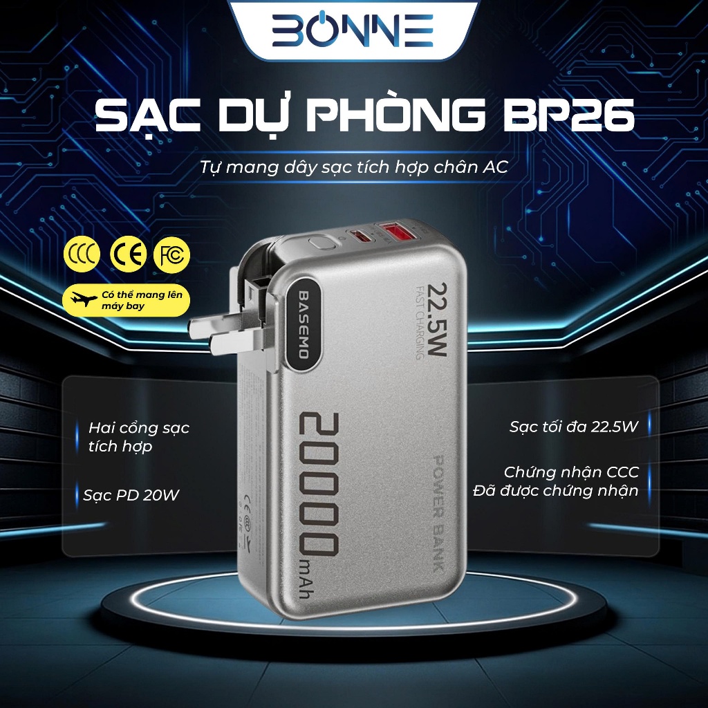 Sạc Dự Phòng BP26 Chính Hãng By Bonne TECHNOLOGIQUE, Tích Hợp Chân Sạc AC, Sạc Nhanh 22.5W