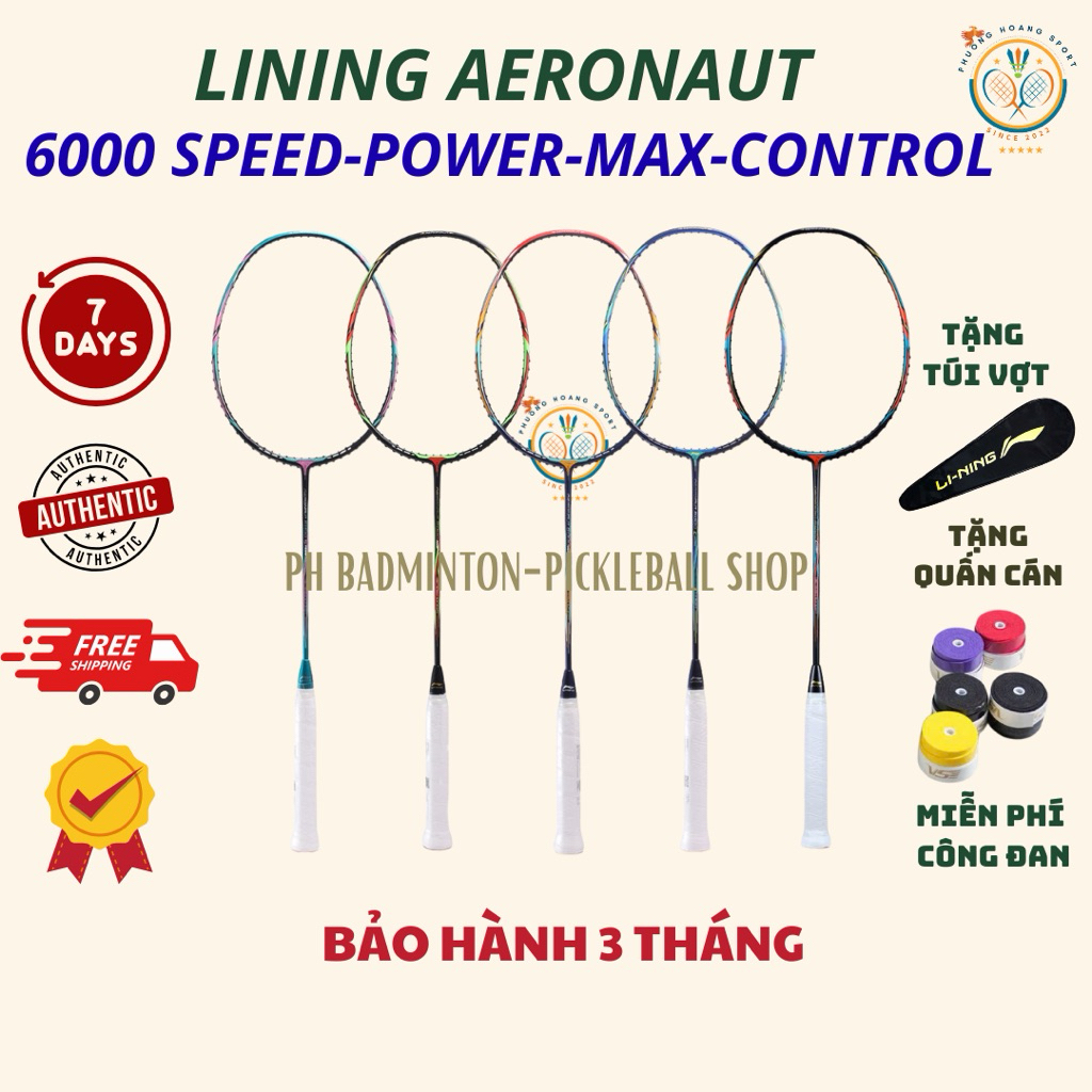 HOẢ TỐC [Đan cước-Tặng túi+quấn cán] Vợt Cầu Lông Lining Aeronaut 6000 Control-Speed-Power-Max Chính