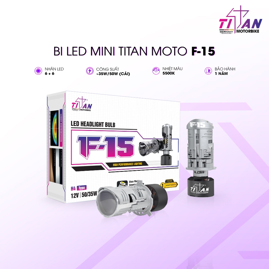 Bi LED mini chân H4 Titan Moto F15 - Tăng sáng ô tô xe máy lắp zin nhanh chóng - TITAN MOTO