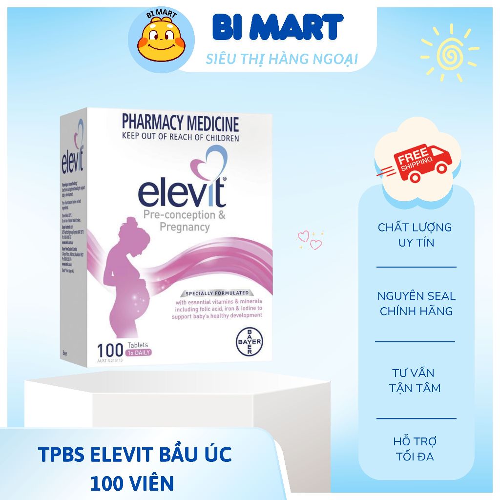 Vitamin tổng hợp Elevit Úc cho bà bầu Elevit chứa 11 loại vitamin: B1, B2, B3, B5, B6, B12, C, D3, E
