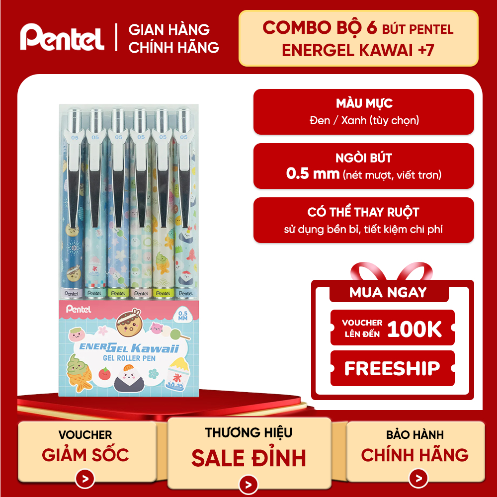 Bộ 6 Bút Gel Pentel Kawaii+ 7 BLN75KW 0.5mm Nhanh Khô