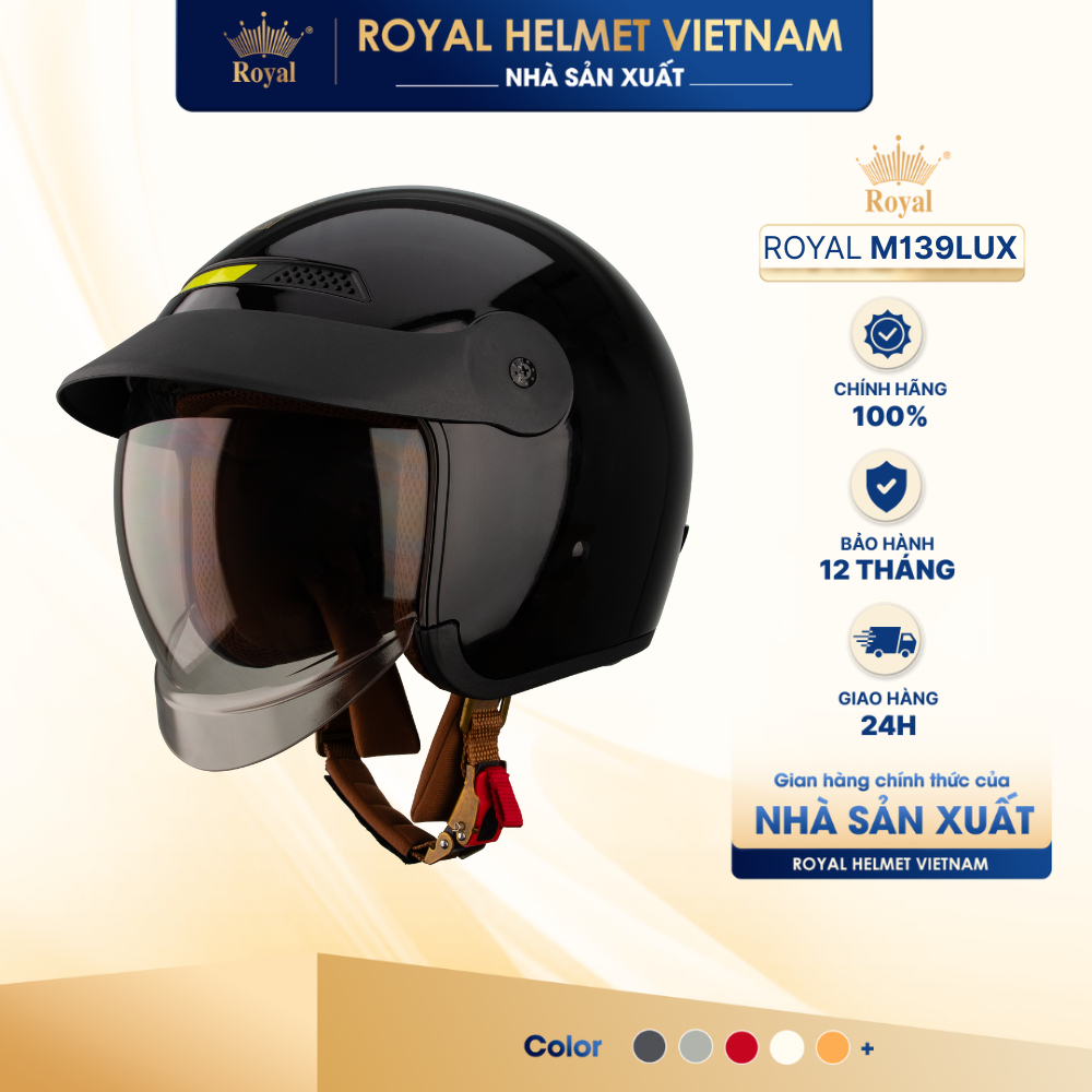 [NHÀ SẢN XUẤT] [ĐEN BÓNG] Mũ Bảo Hiểm 3/4 Royal M139 LUXURY Trơn Kính Âm Chính Hãng, Chống Chói, Chố