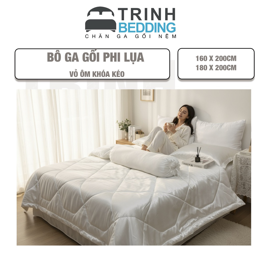 Bộ Ga Phi Lụa Bóng Mềm Mịn Mát Mền Chần Bông 10CM| 20CM| 30CM |Vỏ ôm kéo| Trinh Bedding