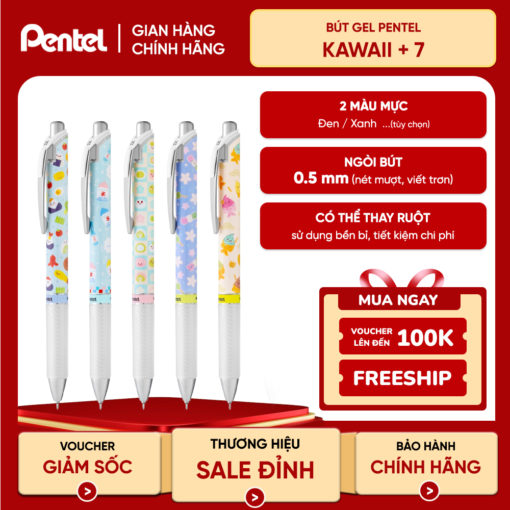 Bút Gel Bấm Pentel Energel Kawaii+ 7 BLN75KW Cỡ Ngòi 0.5mm