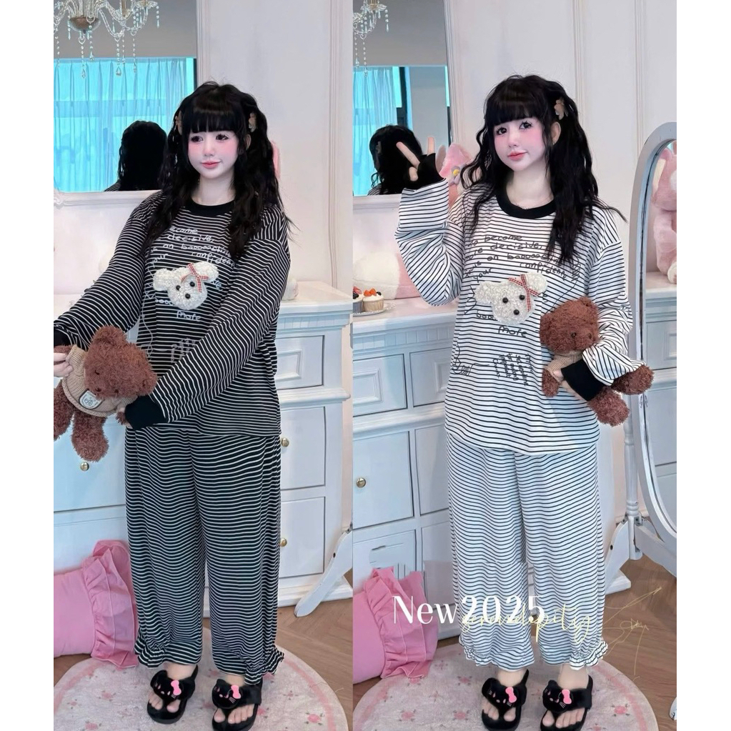 Set Bộ Nữ, Set Bộ Thun Gân Kẻ Thêu Xù Hình Cún