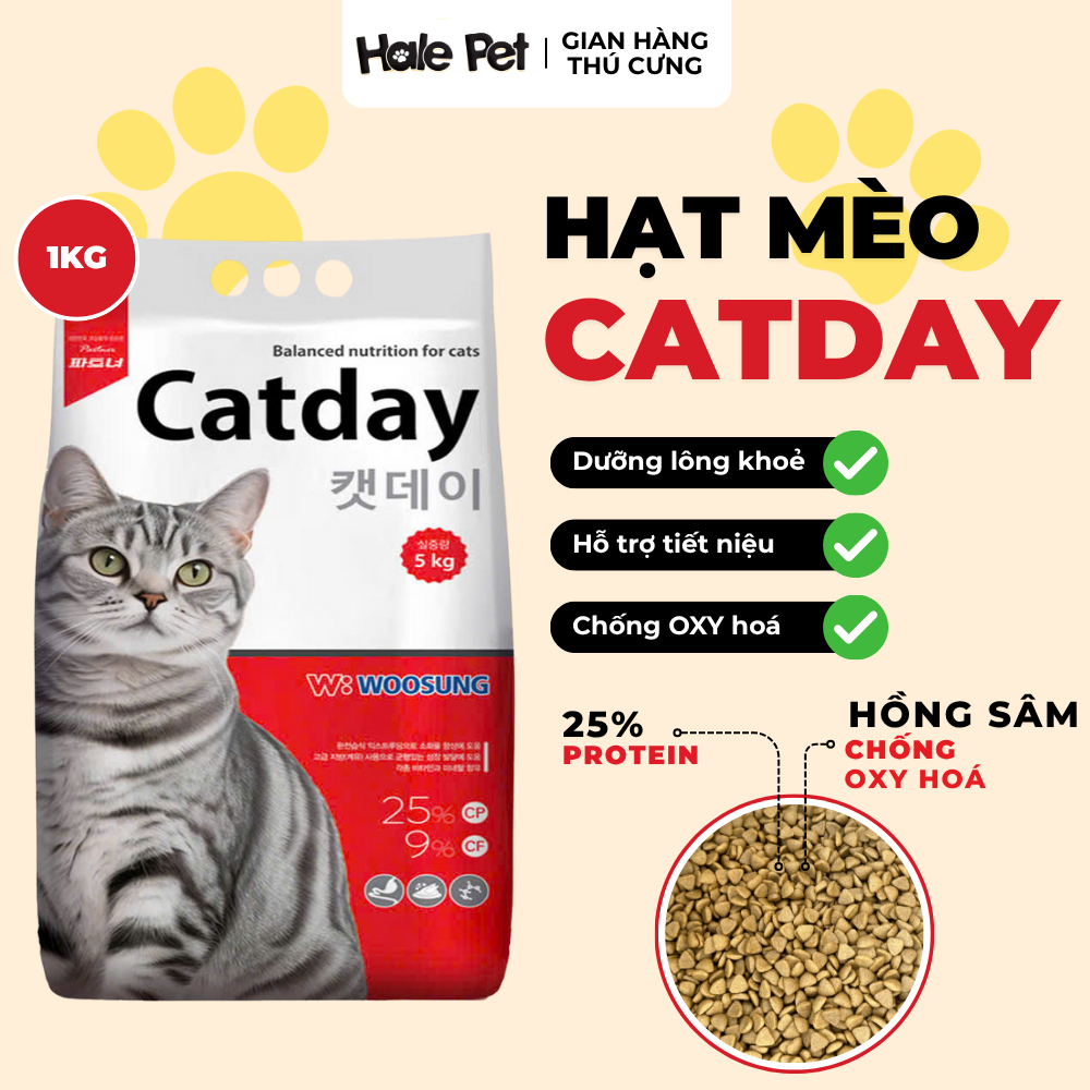 Hạt cho mèo CATDAY 1KG - Đạm 25%, Yucca khử mùi, Hồng sâm tăng đề kháng, Hỗ trợ tiêu hoá