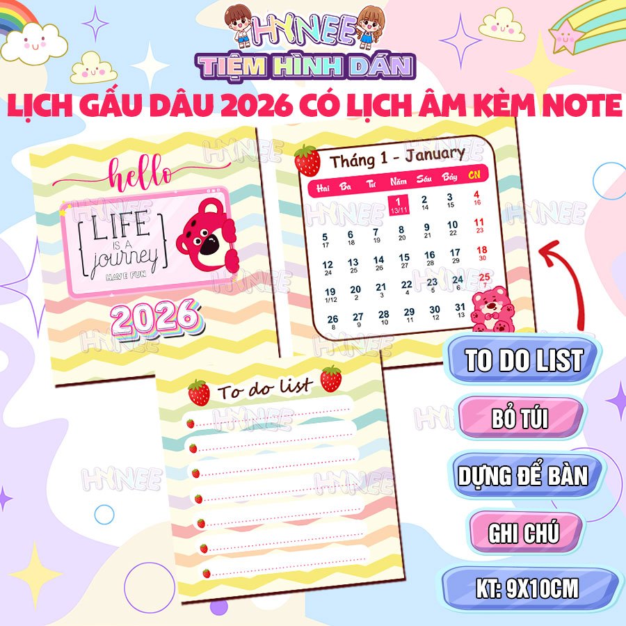 Lịch Để Bàn 2026 Gấu Dâu Kèm To Do List - Sổ Tay Lịch 2026 Có Lịch Âm Tiện Lợi - Lịch Để Bàn Mini Ti