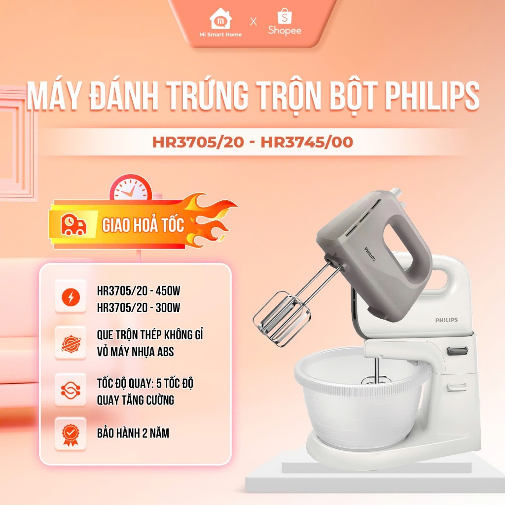 Máy đánh trứng trộn bột Philips HR3705/20 - HR3745/00, 5 tôc độ trộn, Que trộn thép không gỉ, vỏ nhựa, BH 2 năm