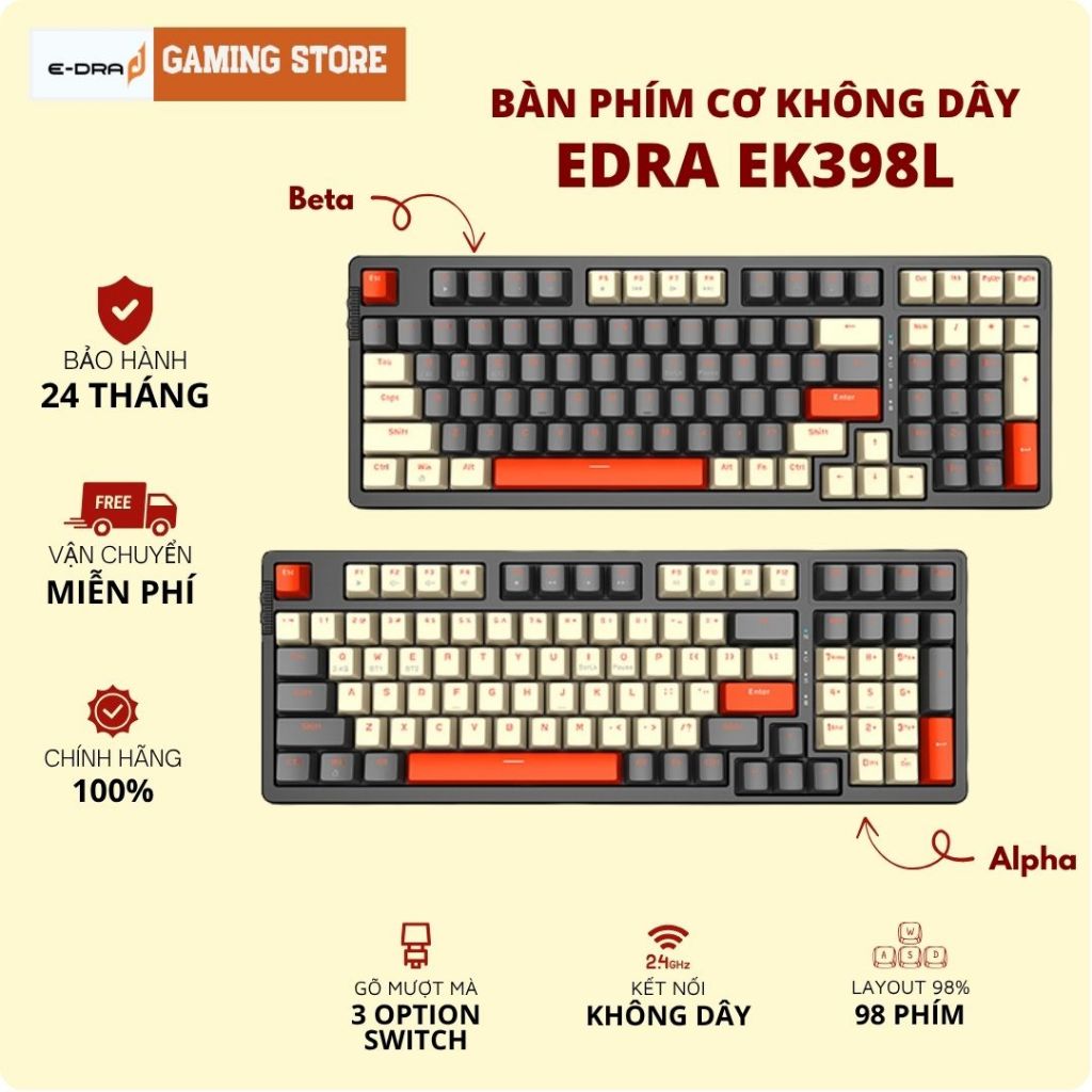  Bàn Phím Cơ Gaming E-DRA EK398 USB  EK398L Wireless LED Rainbow 98 Phím Hàng Chính Hãng - Bảo Hành 24 Tháng 