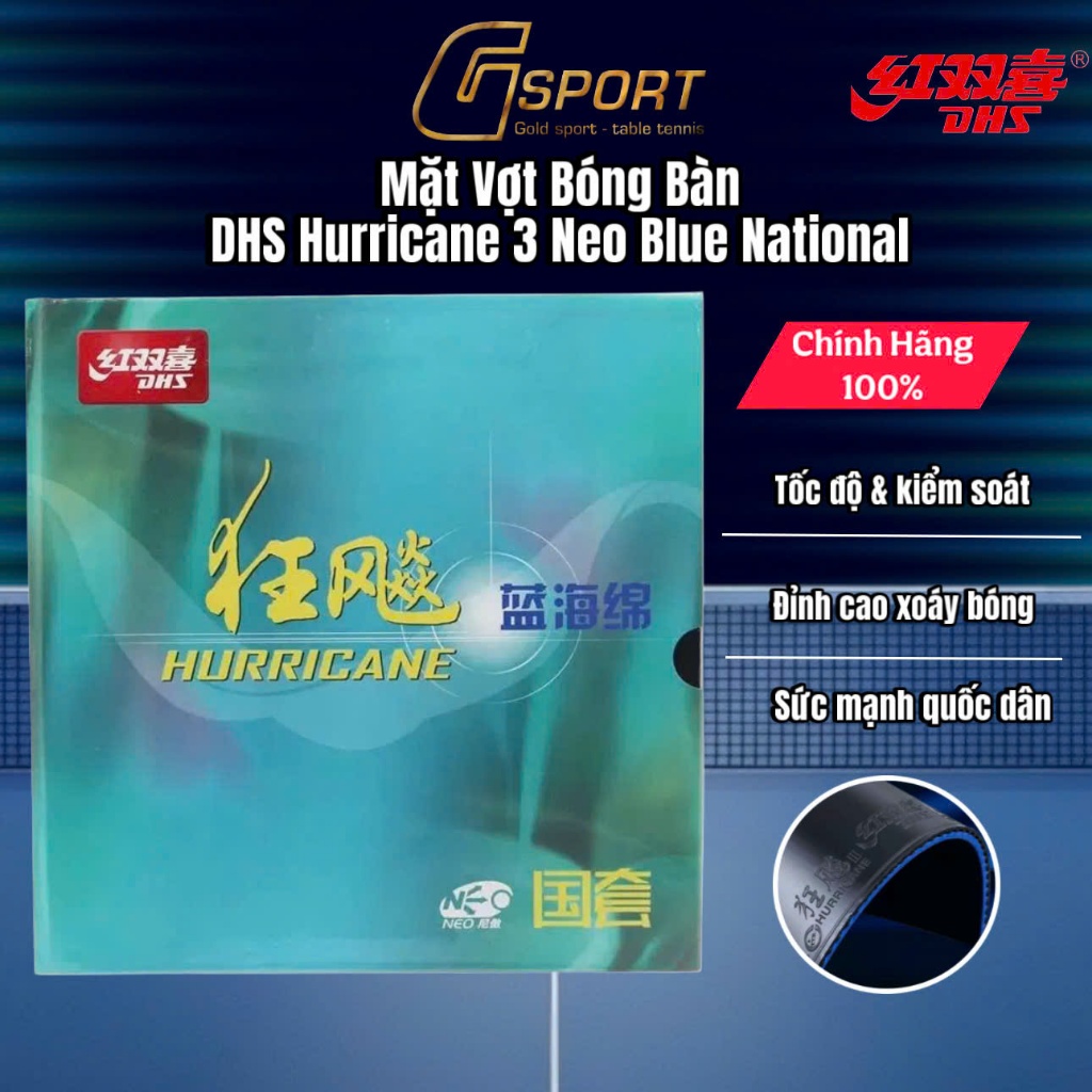 Mặt Vợt Bóng Bàn DHS Hurricane 3 National Neo Blue Chính Hãng - H3 Neo Lót Xanh Quốc Gia – Độ Xoáy C