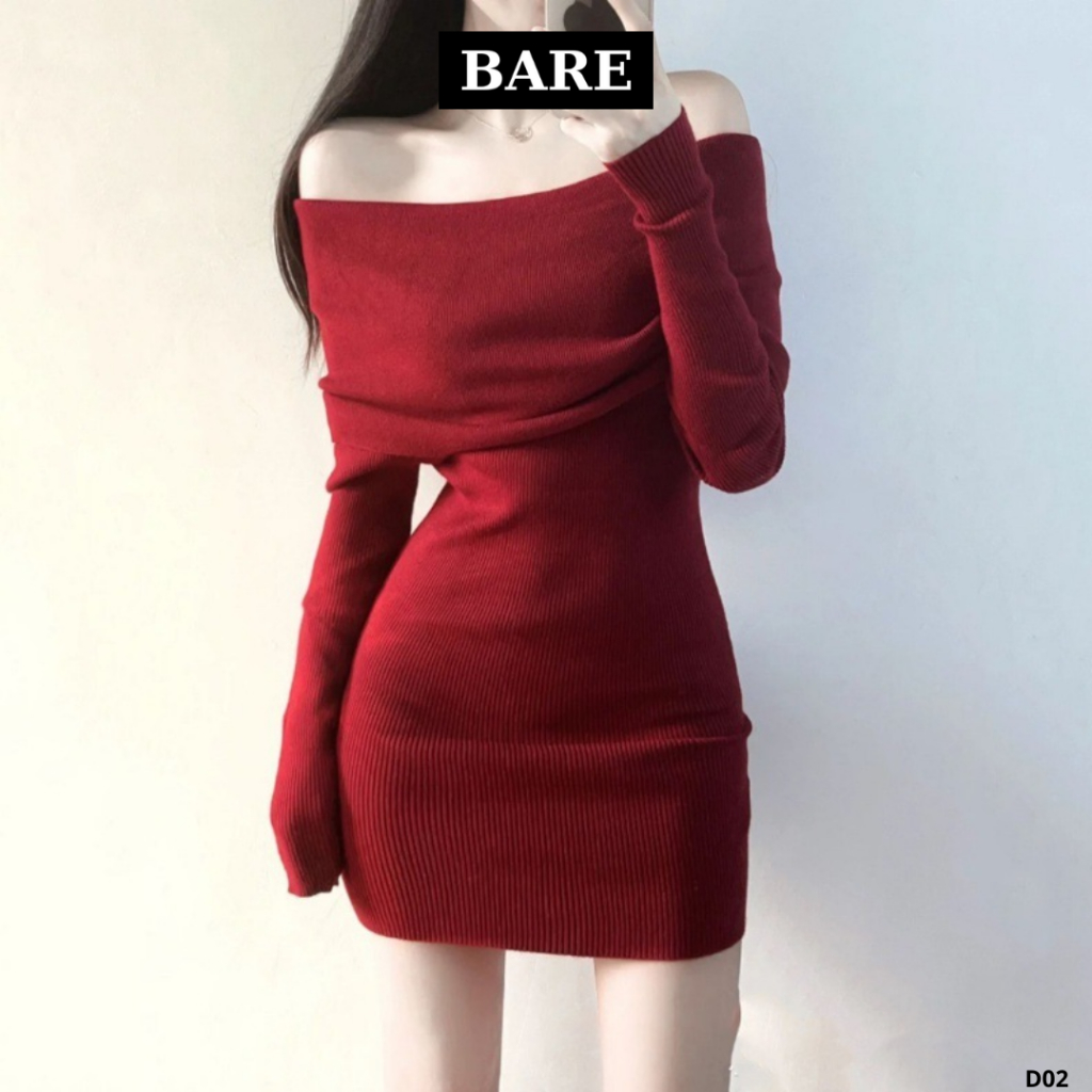 BARE_"Có size- Vải Gân Xịn" Đầm Ôm Body Nữ Trễ Vai Tay Dài Quyến Rũ Cho Nữ Tont Màu Basic - D02