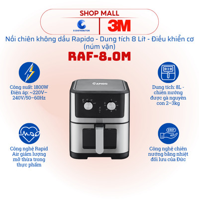 [HỎA TỐC] Nồi chiên không dầu Rapido RAF-8.0M - Dung tích 8L - Công nghệ Rapid Air
