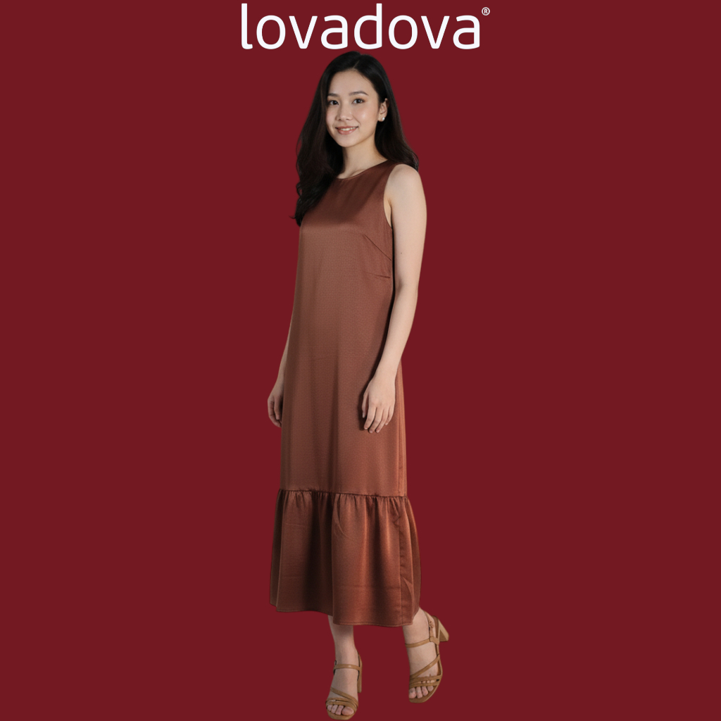 Đầm sát nách suông màu nâu đất vải phi bóng Lovadova FD0703