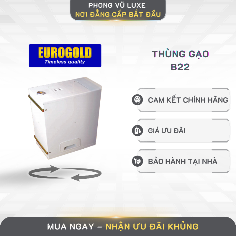 Thùng đựng gạo Eurogold B22/GB220W – Gắn cánh, inox bền, dễ lấy gạo, dung tích lớn