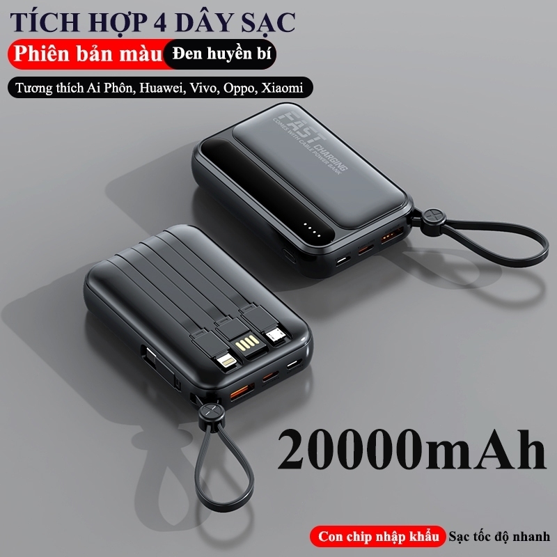 Sạc siêu nhanh, pin dự phòng 20000mAh, dung lượng lớn, tích hợp 4 cáp sạc nhanh