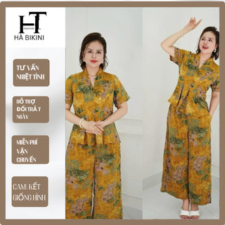  Set Đồ bộ trung niên cách điệu cho mẹ áo có cổ quần ống rộng quần giả váy chất lụa nhập HÀ SHOP Ms30 