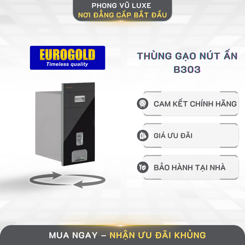 Thùng gạo inox Eurogold B303/GB300B – Nắp kín, gắn cánh, bảo quản lâu dài