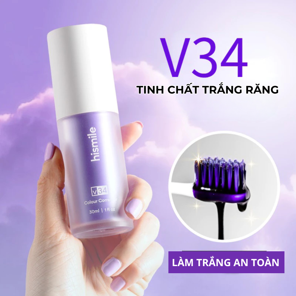 Serum Trăng Răng Hismile V34, Kem Đánh Răng Màu Tím Làm Trắng , Loại Bỏ Vết Bẩn Răng Miệng