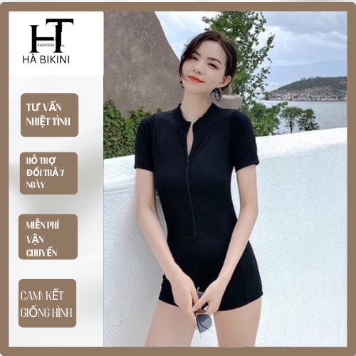 [ BKN 007 ] Đồ bơi nữ bikini đi biển một mảnh tay ngắn khóa kéo màu đen form shost sành điệu kín đáo HÀ BIKINI | BigBuy360 - bigbuy360.vn