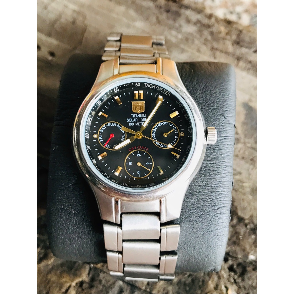 Đồng hồ nam si Nhật Elgin USA titanium solar size 35mm 6kim