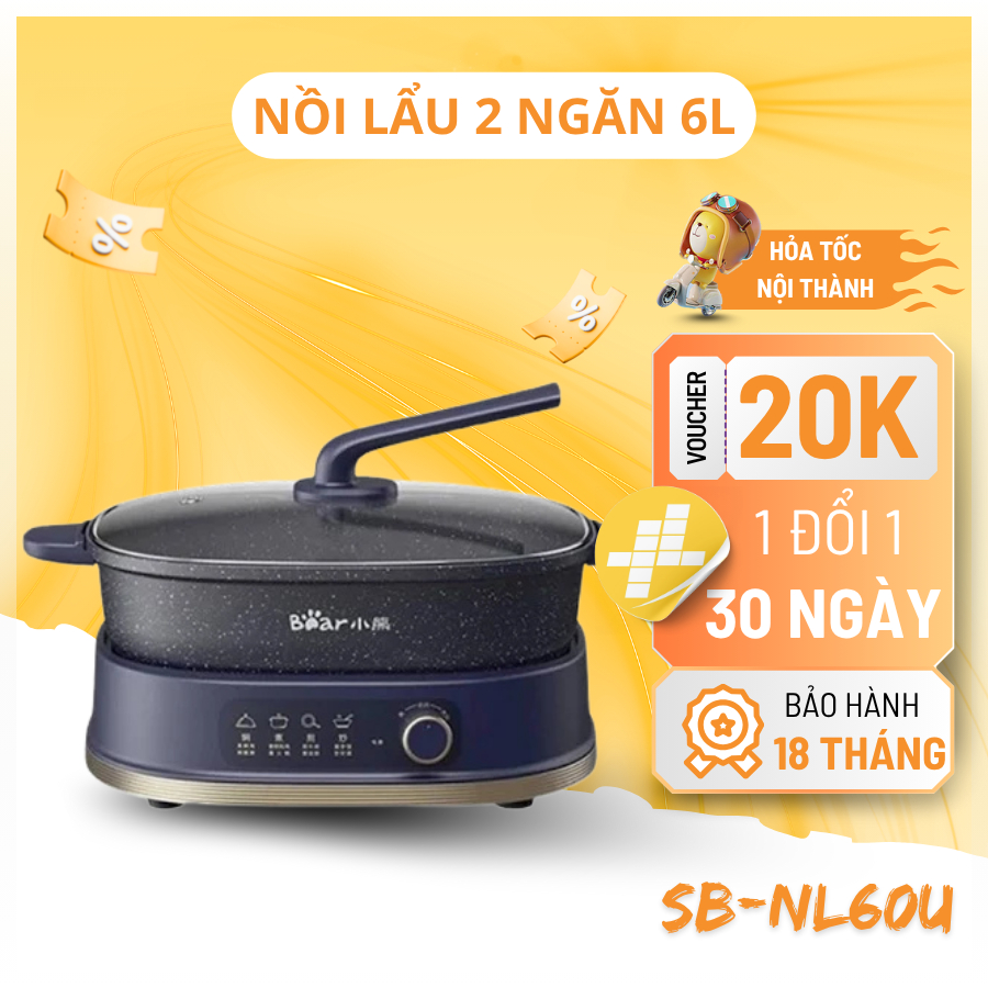 Nồi Lẩu 2 Ngăn Bear 6L Đa Năng Chống Dính Cực Tốt Bảo Hành Chính Hãng 18 Tháng SB-NL60U