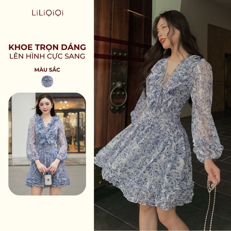 Váy Nữ Sang Chảnh Dáng Ngắn Hoa Nhí Đan Dây Ngực Tay Dài Chiết Eo LiLiQiQi By LeeGi - Min609