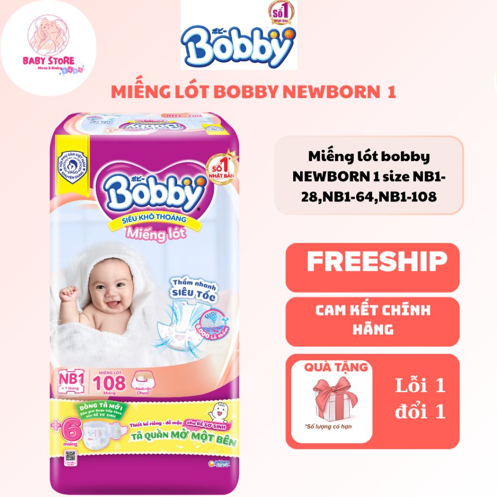 Miếng lót sơ sinh Bobby NB1 siêu khô thoáng cho bé từ 0 tháng tuổi đủ size NB1-28,NB1-64,NB1-108