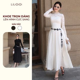  Đầm Ren Cổ Cao Váy Dài Thiết Kế LiLiQiQi By LeeGi Dài Tay Đen Trắng  Không kèm đai  - DD819 