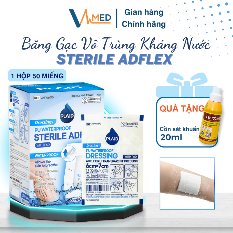 Một hộp 50 miếng Băng gạc vô trùng không thấm nước Sterile Adflex bảo vệ vết thương, ngăn nước tiếp 