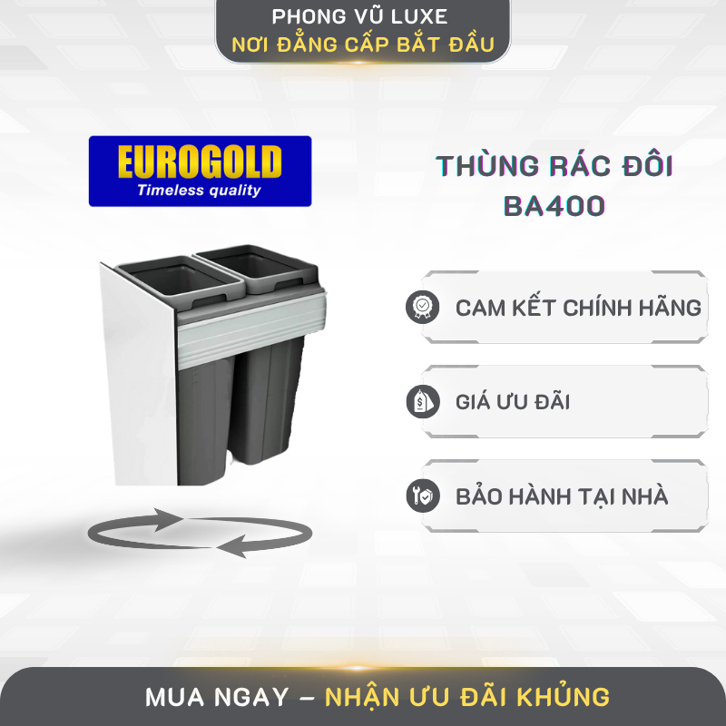 Thùng Rác Âm Tủ Bếp Eurogold BA400 Kéo Ray Trượt Êm Ái Sang Trọng Tiện Lợi
