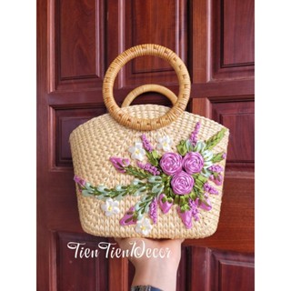  Túi cói lục bình má bé thêu hoa nhánh ruy băng hàng thiết kế loại 1 