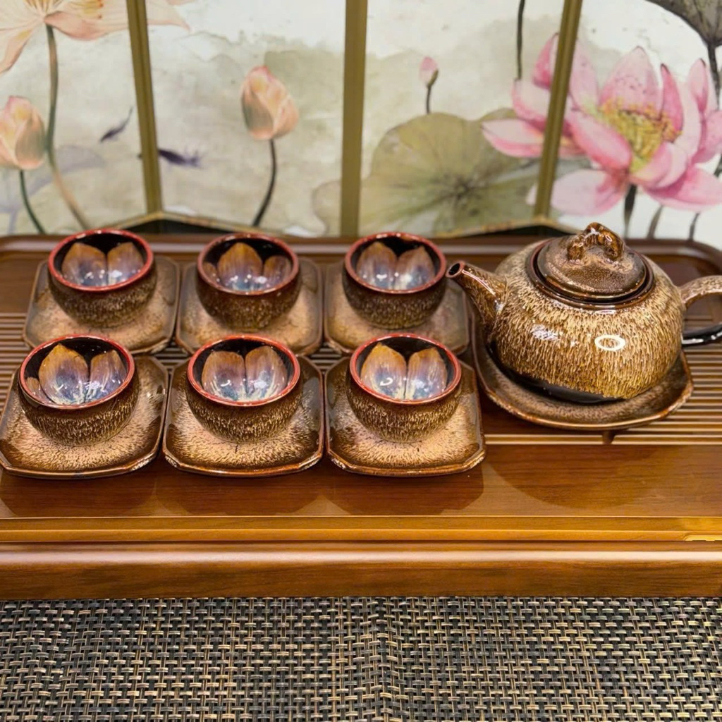 bộ ấm chén men hoả biến Bát Tràng kèm 7 đĩa | BigBuy360 - bigbuy360.vn