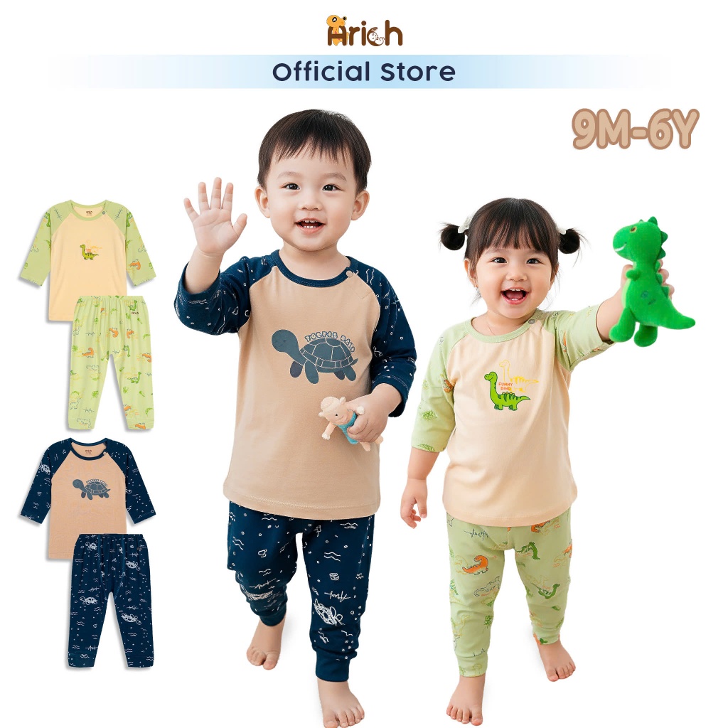 Đồ bộ cho bé, bộ áo lửng quần dài Animal, thương hiệu  Arich, vải sợi tre petit cho bé trai, bé gái size 9M-6Y