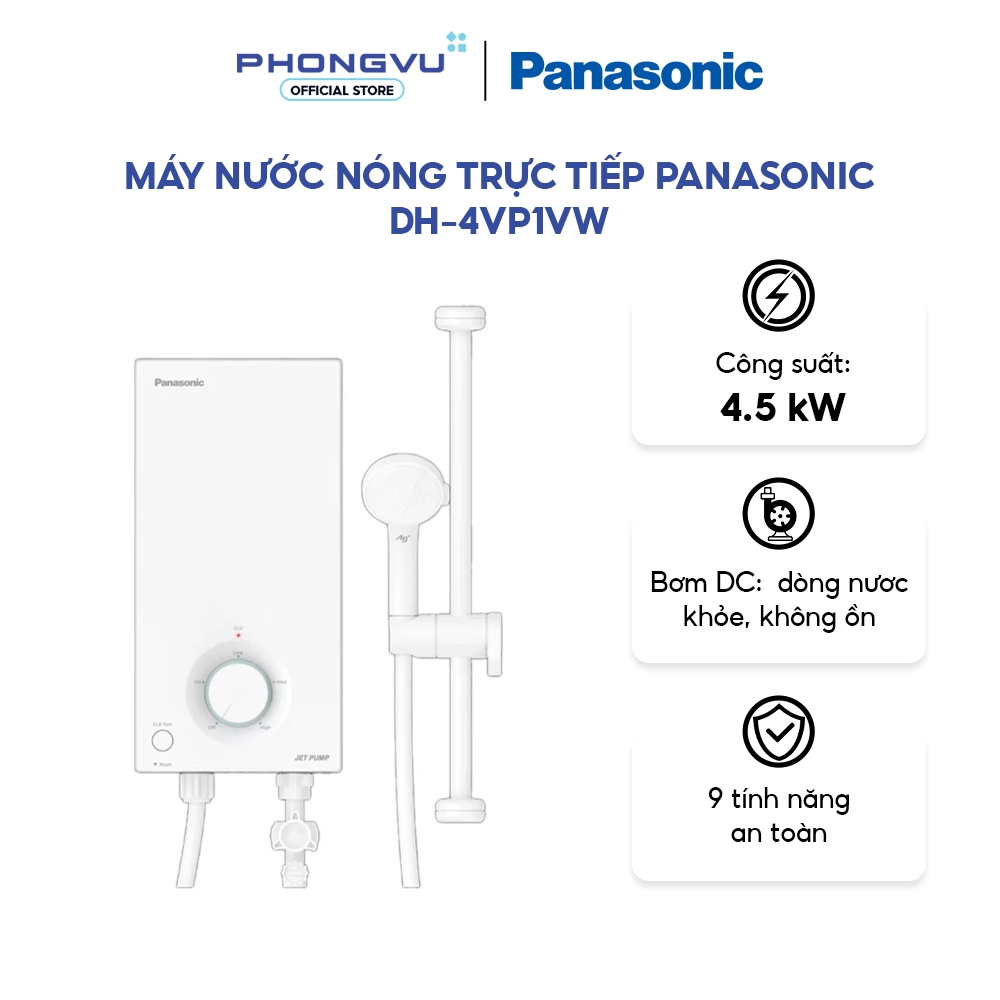 Máy nước nóng trực tiếp Panasonic DH-4VP1VW - Công suất 4500W, 9 Tính năng an toàn, Bơm trợ lực DC - Bảo hành 12 tháng