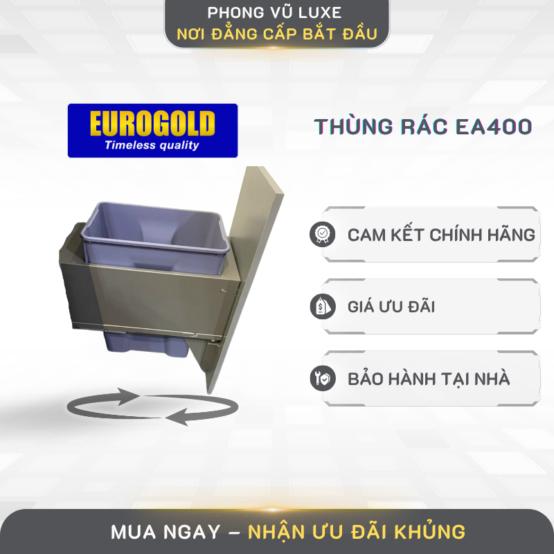 Thùng Rác Inox Eurogold EA400 – Thiết Kế Đơn Gắn Cánh Âm Tủ Tiện Lợi