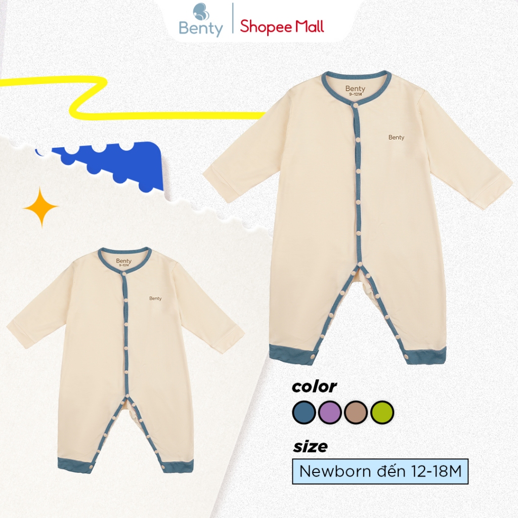 Bộ body dài tay phối viền BENTY chất liệu cao cấp mát mềm mịn, body ngủ cho bé trai, bé gái