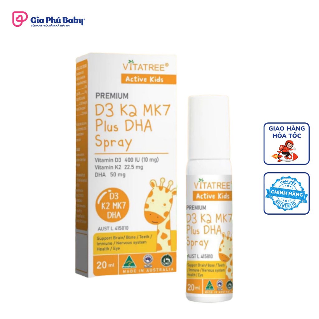 Vitamin D3K2 Vitatree Premium Xịt 20ml Chính Hãng – Bổ Sung D3K2MK7 & DHA, Phát Triển Toàn Diện