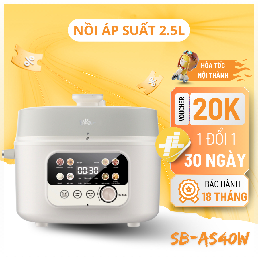 Nồi Áp Suất Bear 4L 8 Chế Độ Nấu Đa Năng Lòng Nồi Phủ Gốm Chống Dính Bảo Hành 18 Tháng SB-AS40W