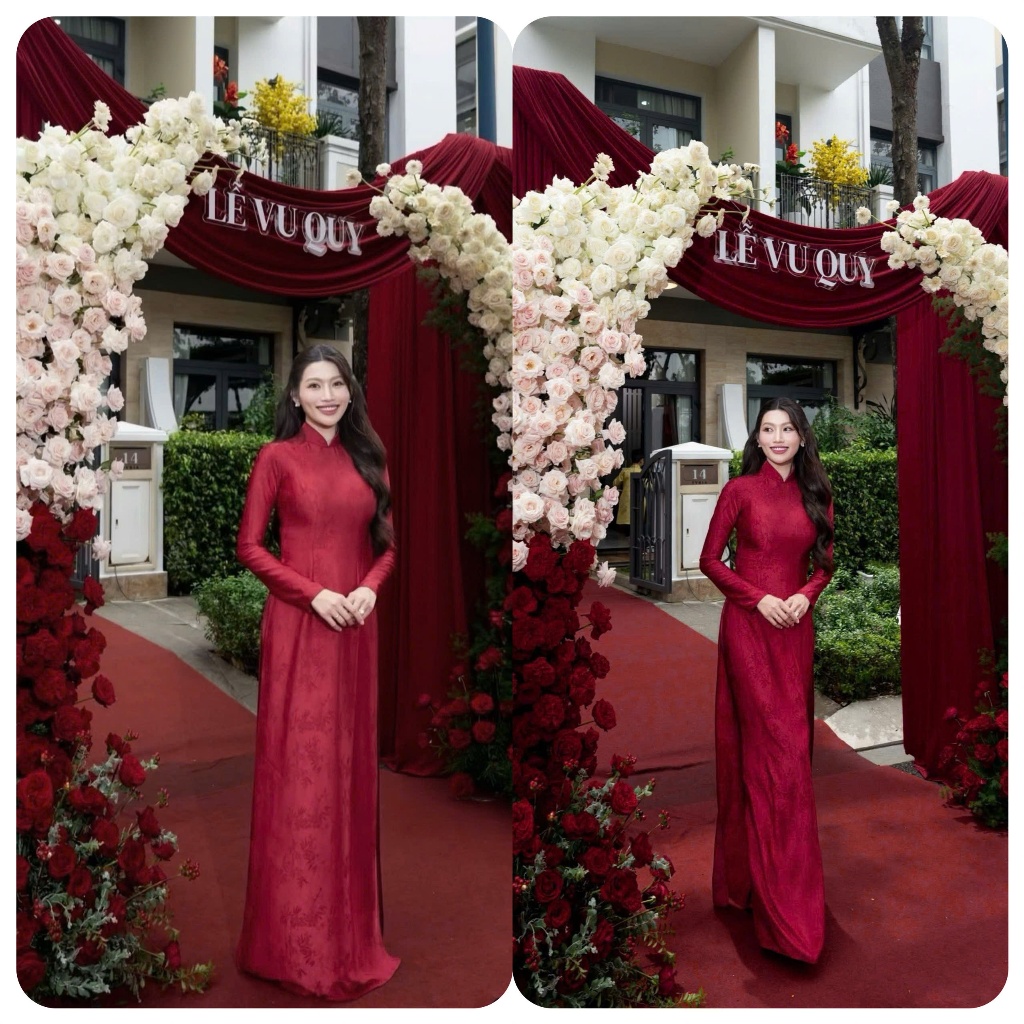 Áo dài lụa gấm tơ cao cấp-Áo dài tết màu đỏ – Sang trọng, quyến rũ- AD40