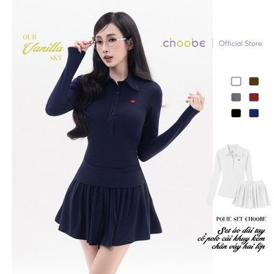 [ MỞ BÁN ] Set áo phông cổ polo dài tay pickleball kèm chân váy babydoll xòe Polie Choobe vải cotton A152 + CV56