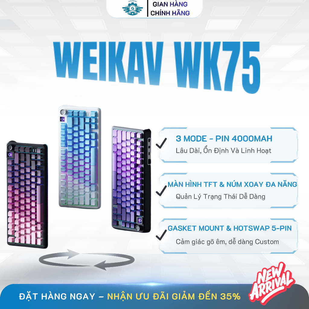 [⚡Cực Hot] Bàn Phím Cơ Không Dây Weikav Wk75 | Hotswap 5Pin | Mạch Xuôi | Pin Trâu | Build Sẵn Gõ Êm