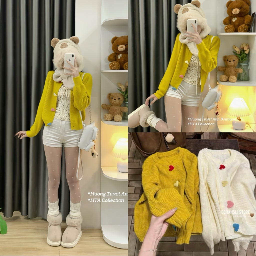 | HTA.Boutique | Áo khoác mùa đông len cardigan khuy tim nhiều màu cài nút dễ thương màu vàng màu be