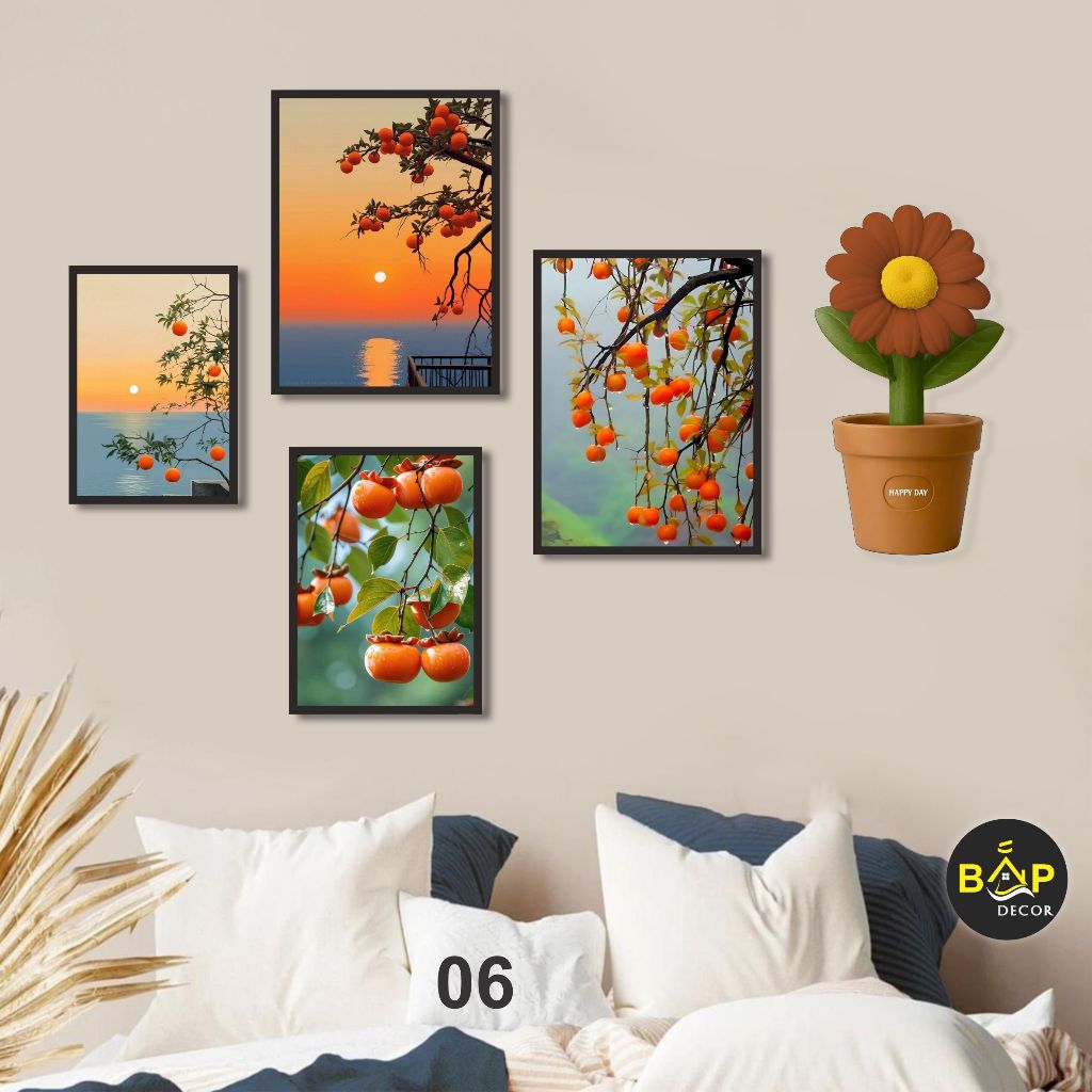 Set 5 tranh cành hồng buồn trang trí homestay đà lạt, tranh dán tường kèm sẵn keo dán Bắp Decor