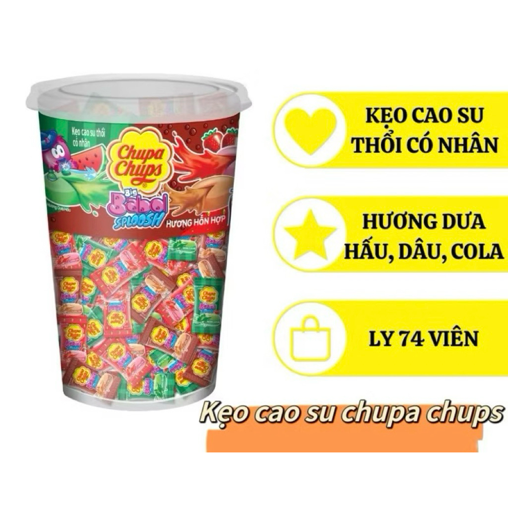 Kẹo cao su gum thổi có nhân Chupa Chups Big Babol Sploosh (Hũ 74 viên) hương dưa hấu, dâu, cola