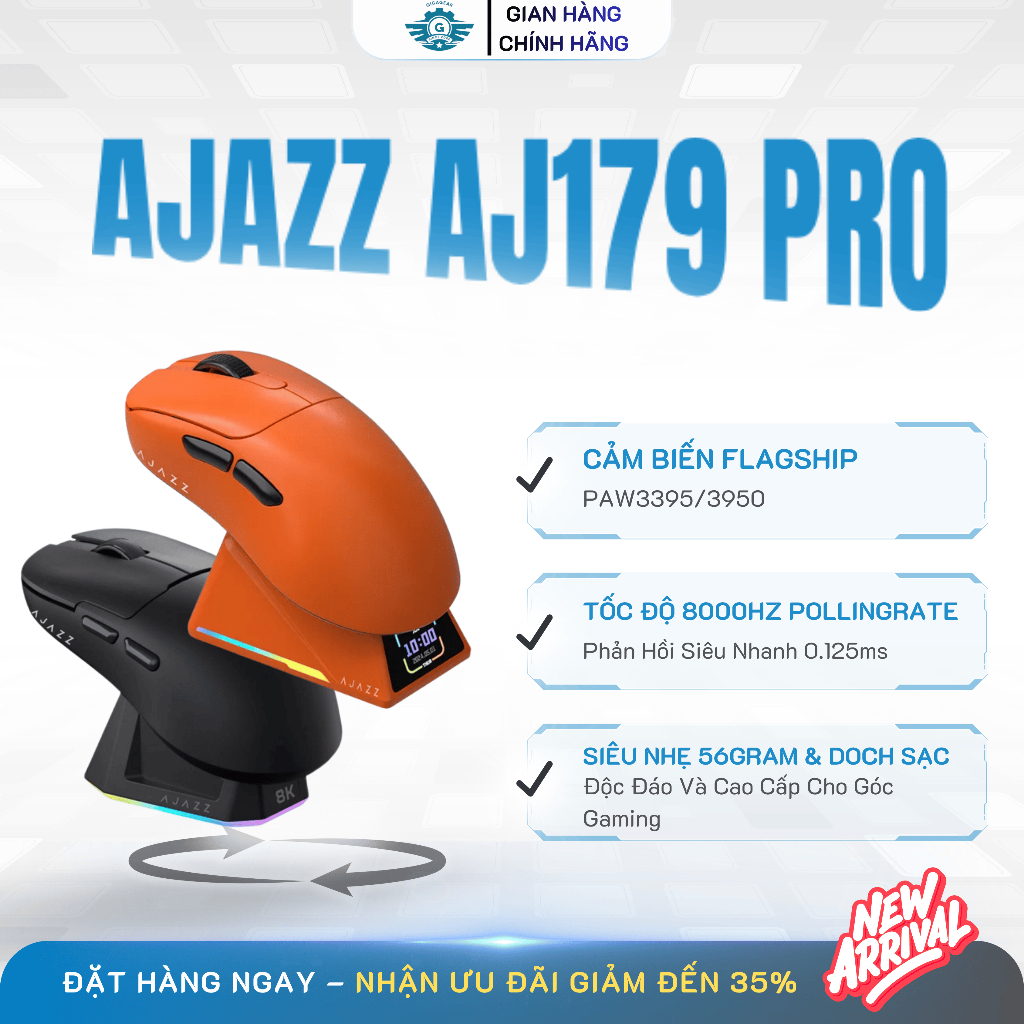 [⚡Cực Khủng] Chuột Không Dây Ajazz AJ179 Pro, Cảm Biến Paw3395, Switch Huano, 26000DPI, Dock Sạc RGB