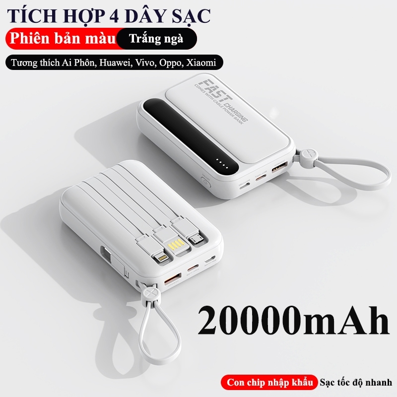 Trắng 20000 mAh Điện thoại di động Công suất lớn Sạc nhanh 4 dây trong 1 cho tất cả các thiết bị