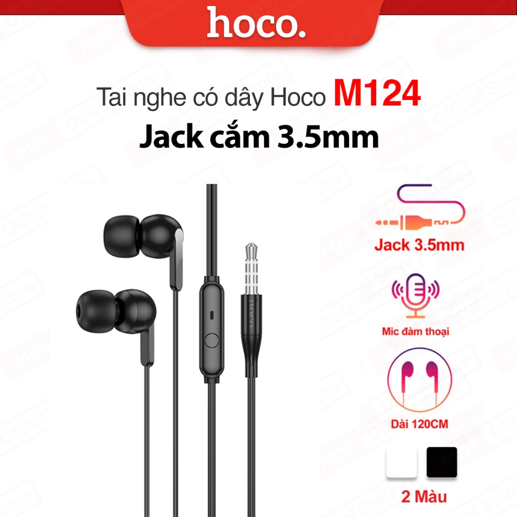 Tai nghe có dây Hoco M124 jack cắm 3.5mm , dây dài 120cm , nút cao su chống tiếng ồn, hỗ trợ mic đàm thoại
